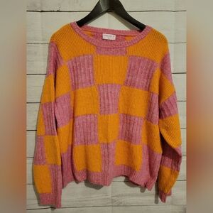 Pink Lily Women’s Multi Color Checkard Pullover Sweater  Size Medium Pink Orange